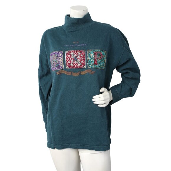 Vintage 90s Green Mock Neck Sweatshirt with Embroidered Tapestry Art 100% Cotton - Picture 2 of 11